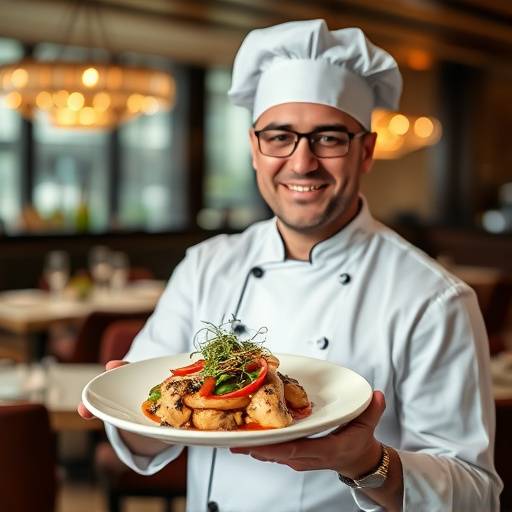 Chef sonriente presentando un plato de cocina creativa en un restaurante de lujo