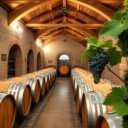 Escena de una bodega tradicional en La Rioja, con barricas de roble y uvas madurando