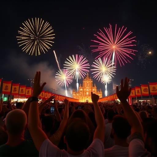 Imagen de personas celebrando una fiesta tradicional espa&ntilde;ola con fuegos artificiales