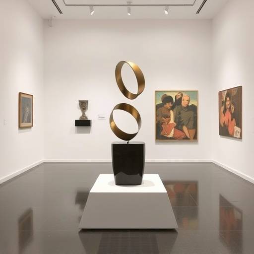 Interior moderno y minimalista de una galer&iacute;a de arte en Madrid con una escultura abstracta en el centro.