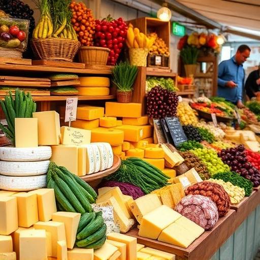 Mercado local vibrante en Valencia, con puestos llenos de frutas frescas, verduras, quesos y embutidos