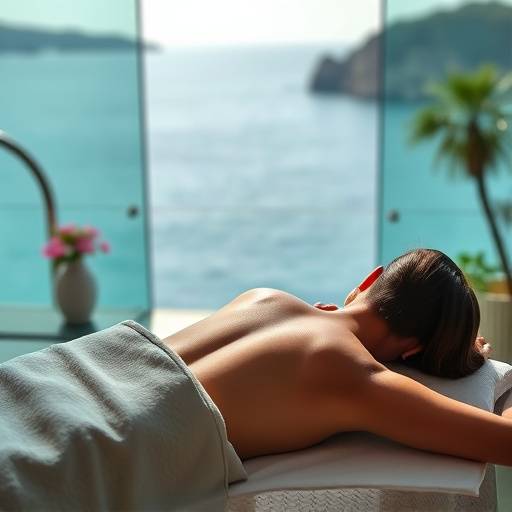 Persona disfrutando de un masaje relajante en un spa de lujo con vistas al mar Mediterr&aacute;neo.
