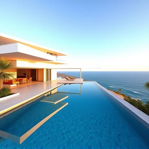 Plano de una casa de lujo moderna con piscina infinita y vistas al mar.