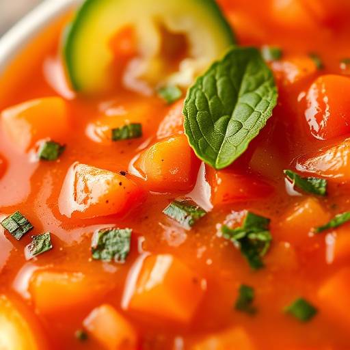 Primer plano de un plato de Gazpacho Andaluz refrescante con tomate, pepino y pimiento