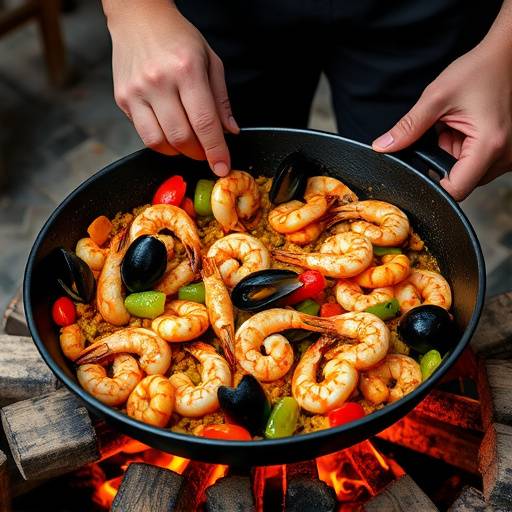 Un primer plano de unas manos preparando paella en una gran sart&eacute;n de hierro fundido sobre fuego de le&ntilde;a, con ingredientes frescos visibles como gambas, mejillones y pimientos.