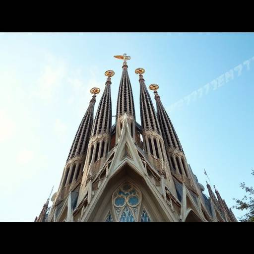 Vista de la Sagrada Familia de Barcelona desde un &aacute;ngulo bajo, resaltando sus detalles arquitect&oacute;nicos &uuml;nicos